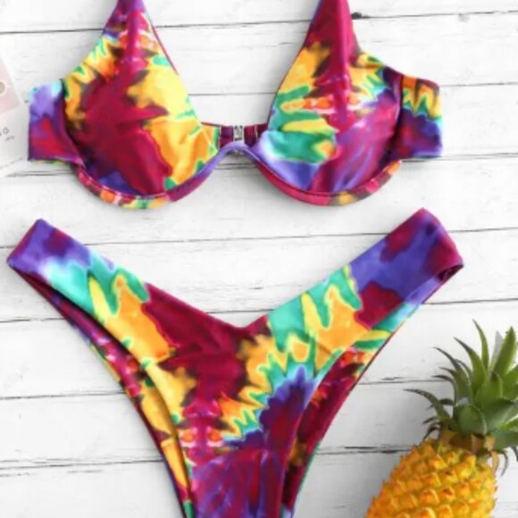 Zaful Other - ZAFUL Tie Dye Plunge Underwire Bikini Set